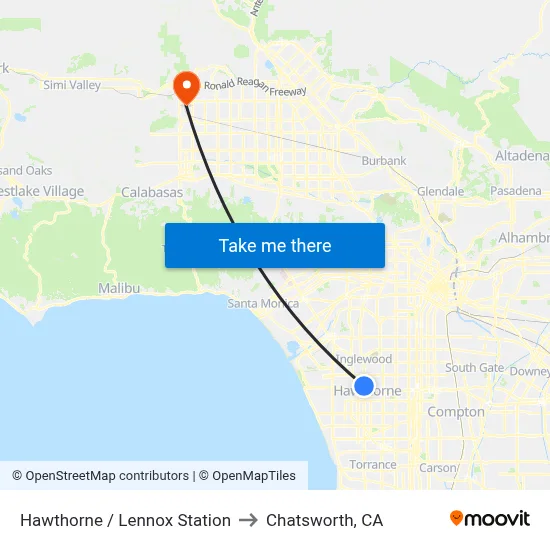 Hawthorne / Lennox Station to Chatsworth, CA map