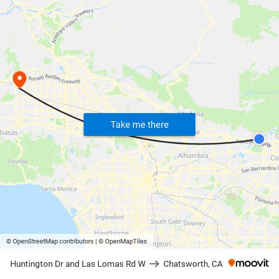 Huntington Dr and Las Lomas Rd W to Chatsworth, CA map