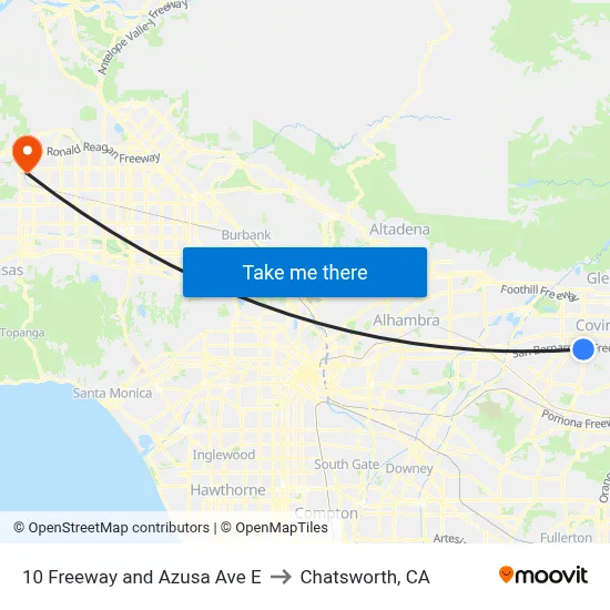 10 Freeway and Azusa Ave E to Chatsworth, CA map