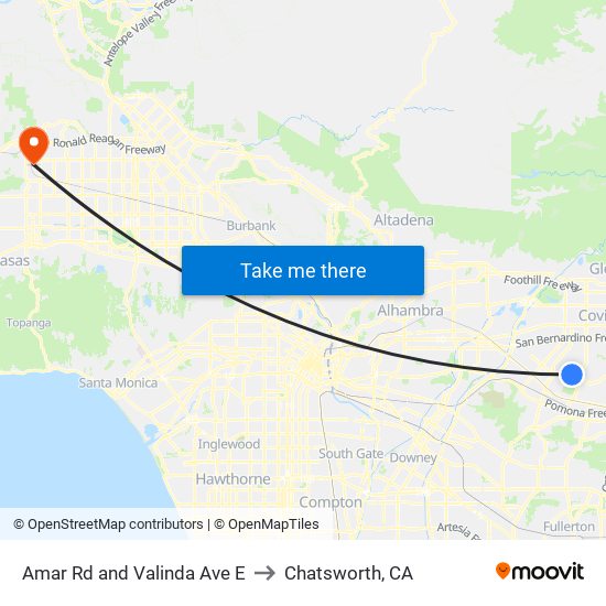 Amar Rd and Valinda Ave E to Chatsworth, CA map