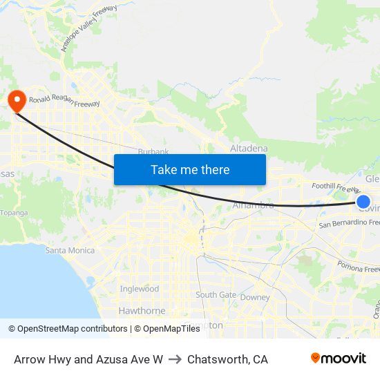 Arrow Hwy and Azusa Ave W to Chatsworth, CA map