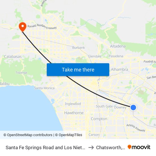 Santa Fe Springs Road and Los Nietos Roa to Chatsworth, CA map