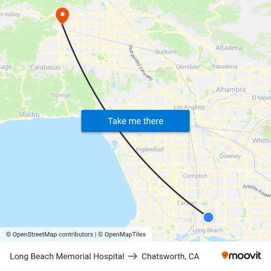 Long Beach Memorial Hospital to Chatsworth, CA map