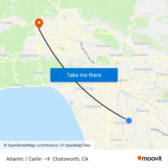 Atlantic / Carlin to Chatsworth, CA map