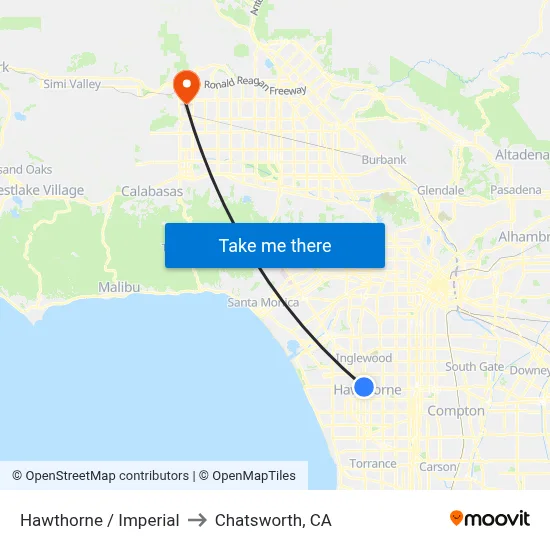 Hawthorne / Imperial to Chatsworth, CA map