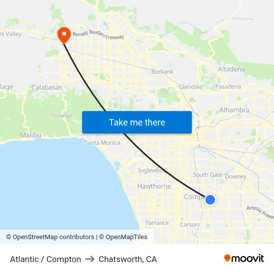 Atlantic / Compton to Chatsworth, CA map