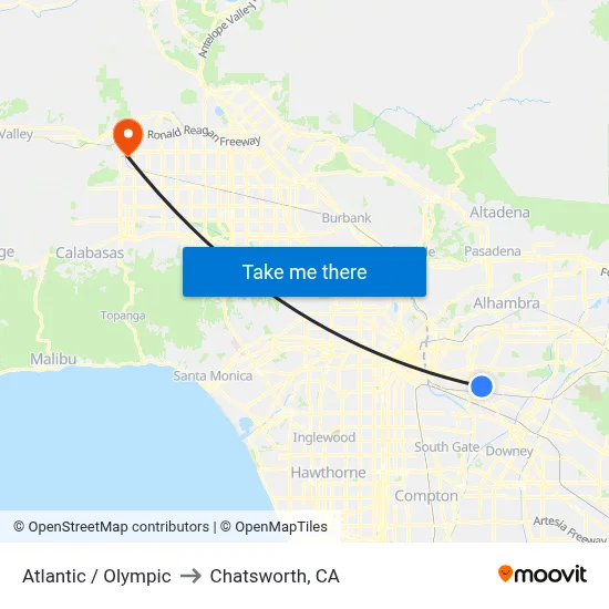 Atlantic / Olympic to Chatsworth, CA map