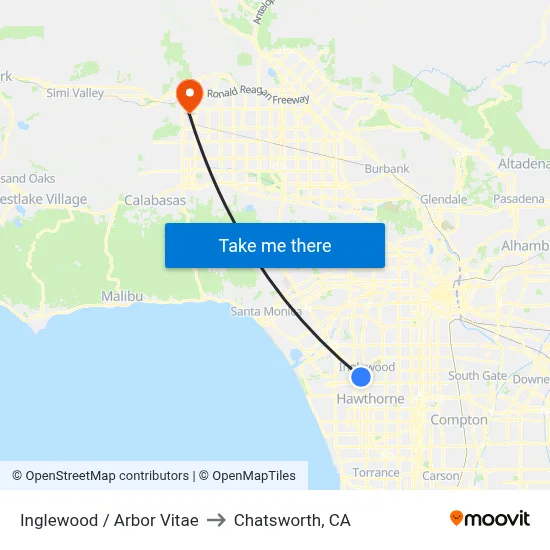 Inglewood / Arbor Vitae to Chatsworth, CA map