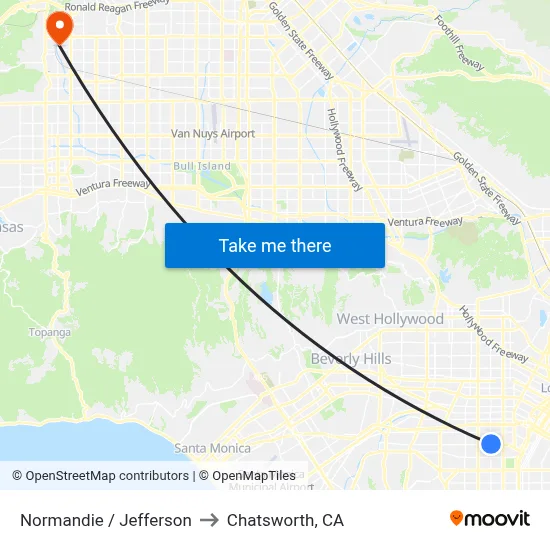 Normandie / Jefferson to Chatsworth, CA map