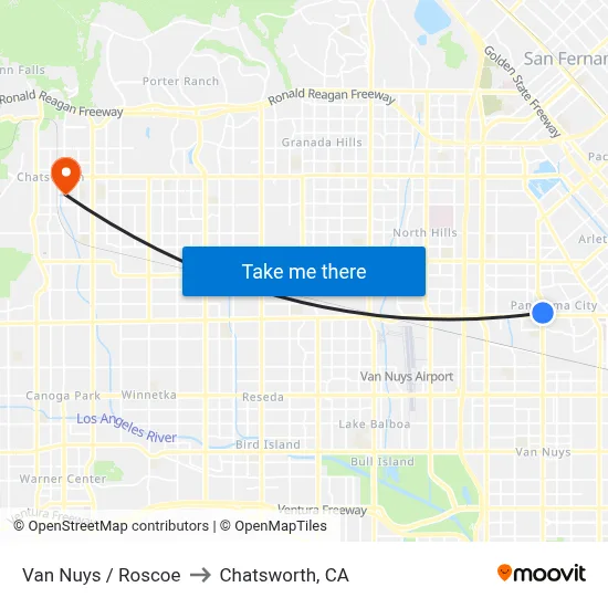 Van Nuys / Roscoe to Chatsworth, CA map