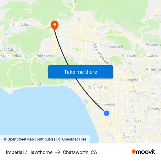 Imperial / Hawthorne to Chatsworth, CA map