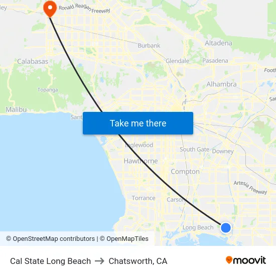 Cal State Long Beach to Chatsworth, CA map