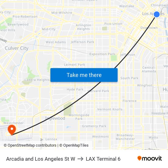 Arcadia and Los Angeles St W to LAX Terminal 6 map