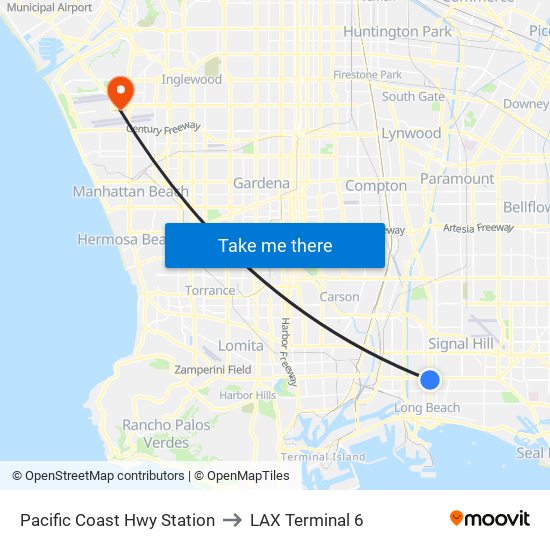 Pacific Coast Hwy Station to LAX Terminal 6 map