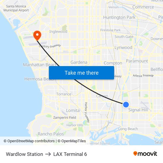 Wardlow Station to LAX Terminal 6 map