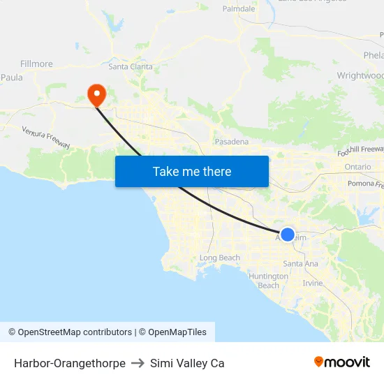 Harbor-Orangethorpe to Simi Valley Ca map