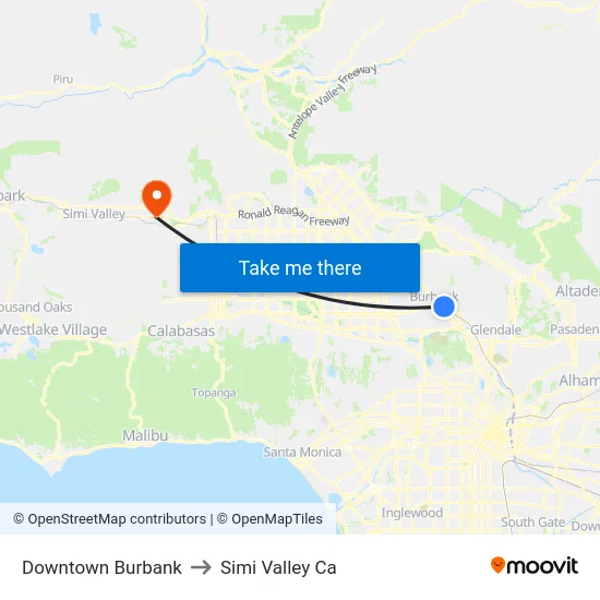 Downtown Burbank to Simi Valley Ca map