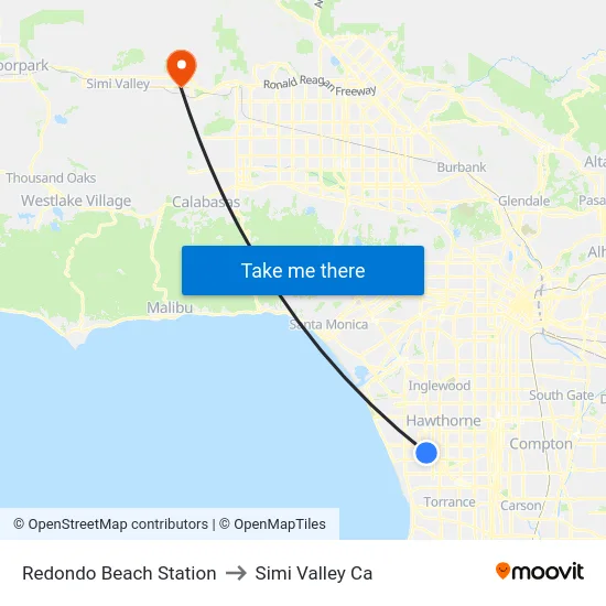 Redondo Beach Station to Simi Valley Ca map