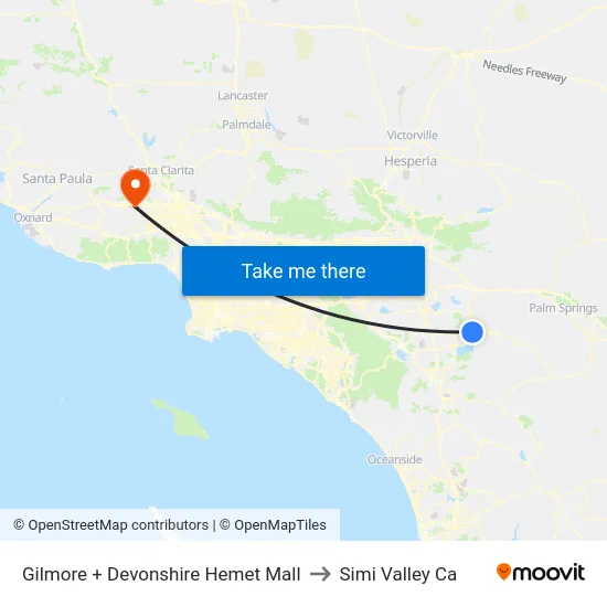 Gilmore + Devonshire Hemet Mall to Simi Valley Ca map