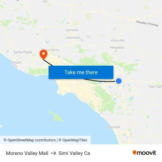 Moreno Valley Mall to Simi Valley Ca map