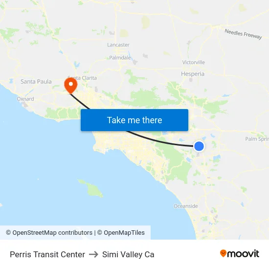 Perris Transit Center to Simi Valley Ca map