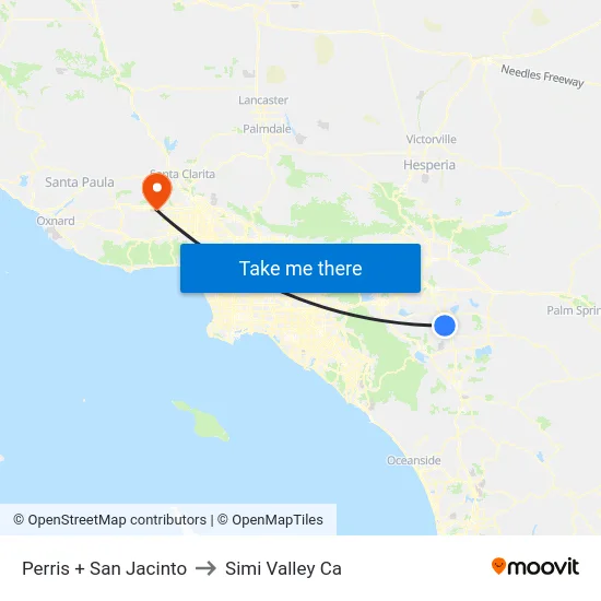 Perris + San Jacinto to Simi Valley Ca map