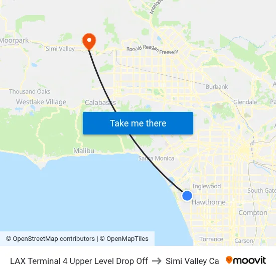 LAX Terminal 4 Upper Level Drop Off to Simi Valley Ca map