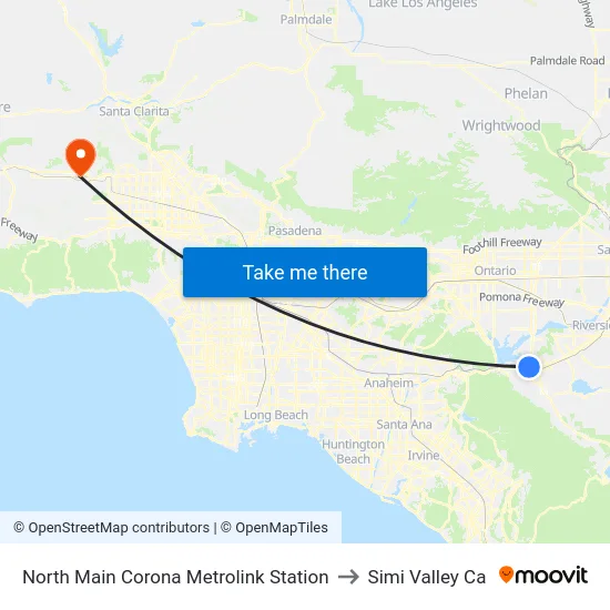 North Main Corona Metrolink Station to Simi Valley Ca map