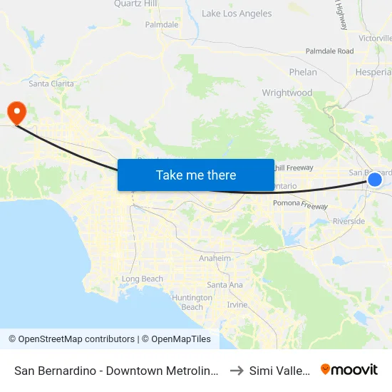 San Bernardino - Downtown Metrolink Station to Simi Valley Ca map