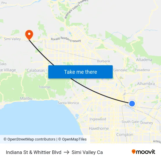 Indiana St & Whittier Blvd to Simi Valley Ca map
