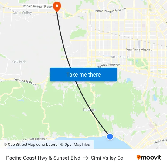Pacific Coast Hwy & Sunset Blvd to Simi Valley Ca map