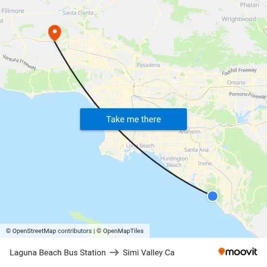 Laguna Beach Bus Station to Simi Valley Ca map