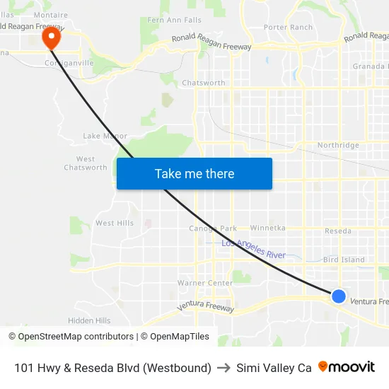 101 Hwy & Reseda Blvd (Westbound) to Simi Valley Ca map