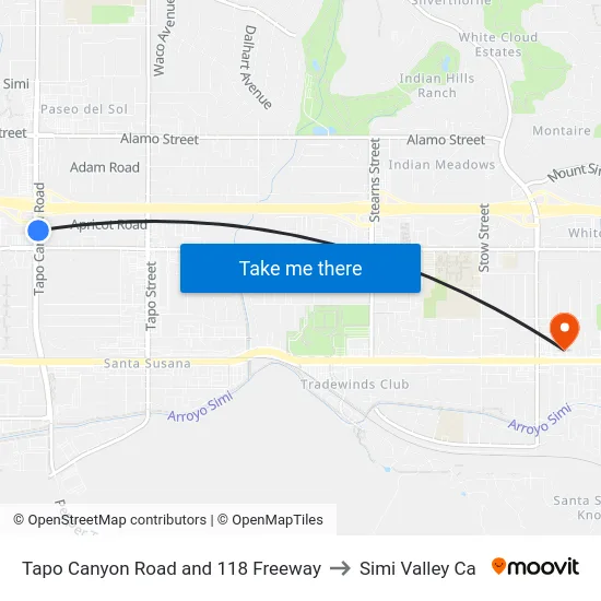 Tapo Canyon Road and 118 Freeway to Simi Valley Ca map