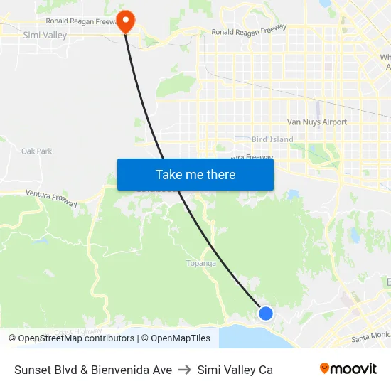 Sunset Blvd & Bienvenida Ave to Simi Valley Ca map