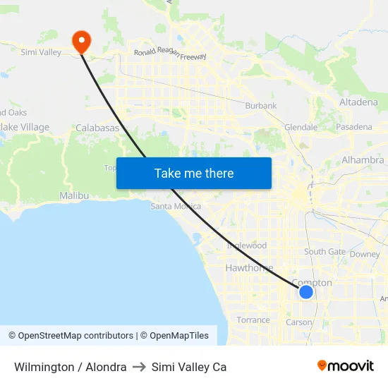 Wilmington / Alondra to Simi Valley Ca map