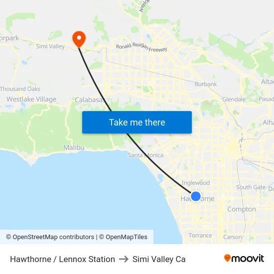 Hawthorne / Lennox Station to Simi Valley Ca map