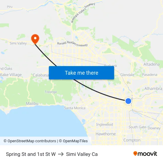 Spring St and 1st St W to Simi Valley Ca map