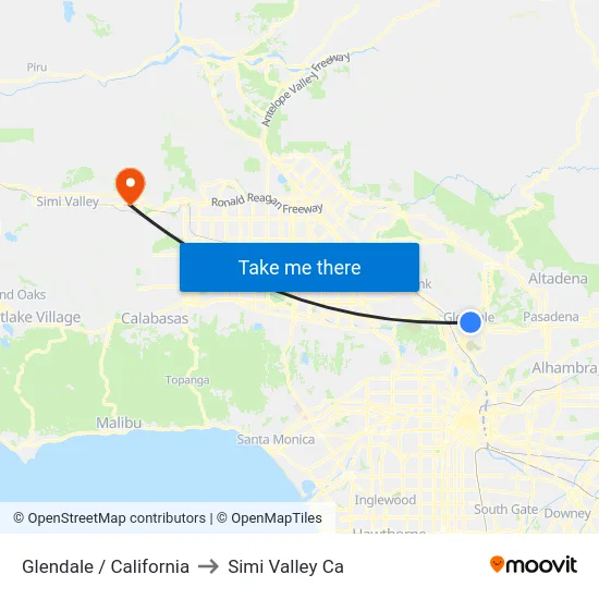 Glendale / California to Simi Valley Ca map