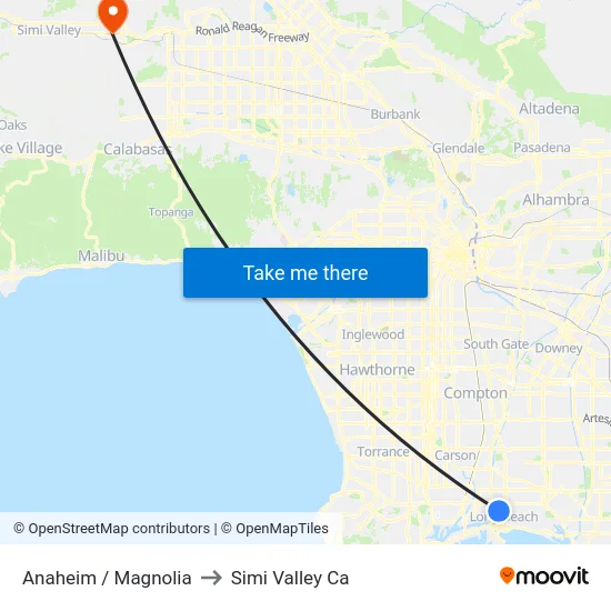 Anaheim / Magnolia to Simi Valley Ca map