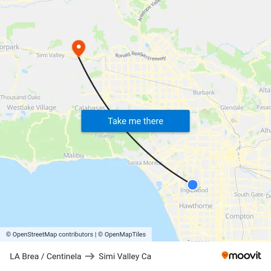 LA Brea / Centinela to Simi Valley Ca map