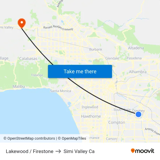 Lakewood / Firestone to Simi Valley Ca map