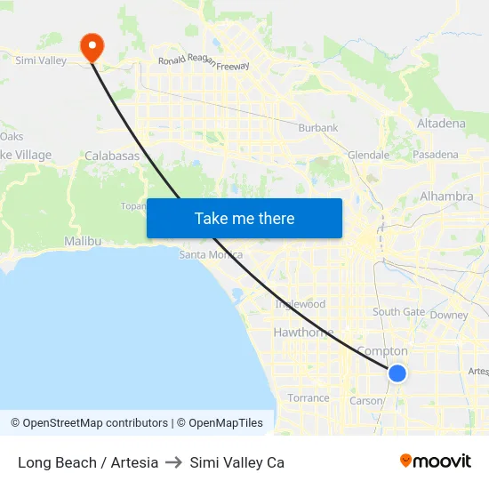 Long Beach / Artesia to Simi Valley Ca map