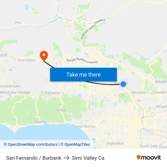 San Fernando / Burbank to Simi Valley Ca map