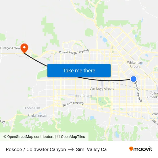 Roscoe / Coldwater Canyon to Simi Valley Ca map