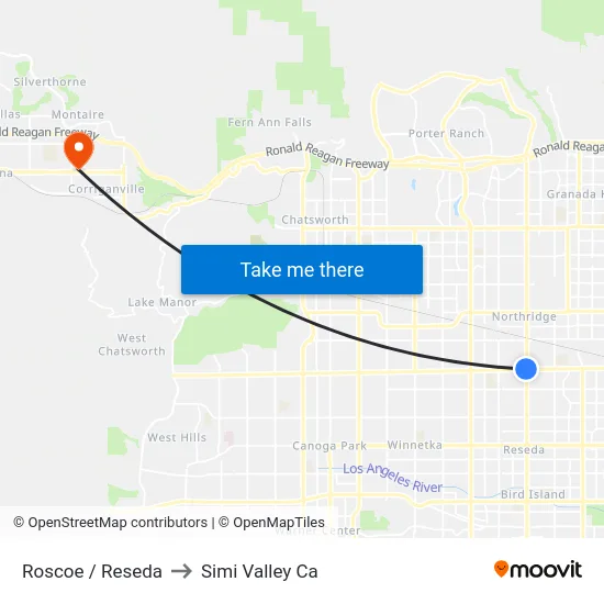 Roscoe / Reseda to Simi Valley Ca map