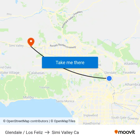 Glendale / Los Feliz to Simi Valley Ca map