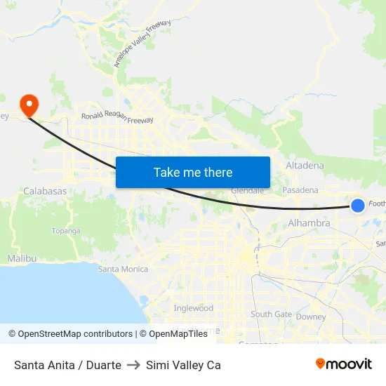 Santa Anita / Duarte to Simi Valley Ca map