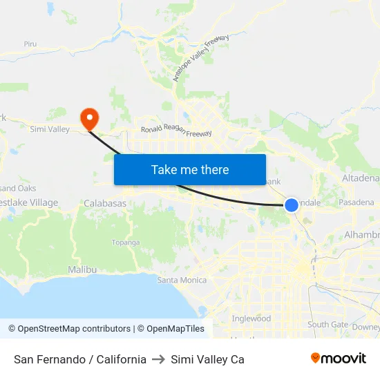 San Fernando / California to Simi Valley Ca map