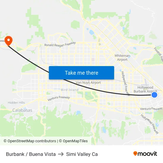 Burbank / Buena Vista to Simi Valley Ca map